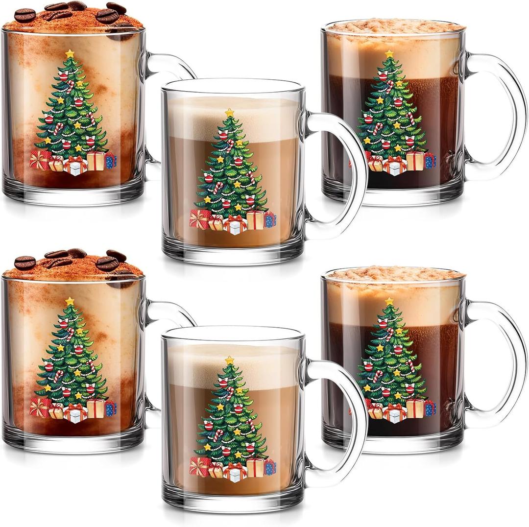 Maxcheck 6 Pack 12 oz Christmas Tree Xmas Coffee Mugs Glass Cups Gifts Bulk Holiday Clear Drinking Glasses with Handle for Christmas Party Supplies Decorations
