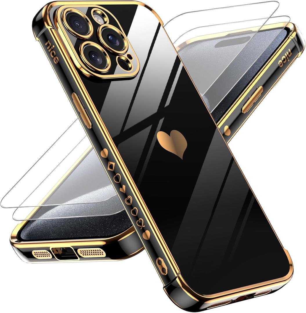 LeYi for iPhone 15 Pro Max Case: with Tempered Glass Screen Protector [2 Pcs]+ Full Camera Lens Protection, Love Heart Plating Cute Luxury Soft TPU Shockproof Case for iPhone 15 Pro Max, Black (3 Pcs)