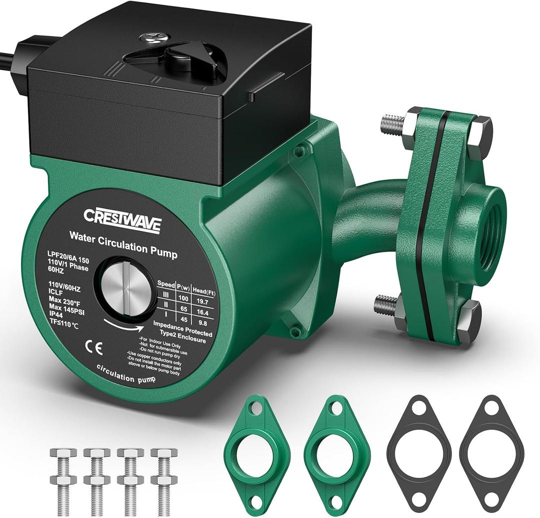 CrestWave 110V Circulation Pump Green3 Speed Switchable Circulator Pump with 1'' FNPT Flanges for Boiler