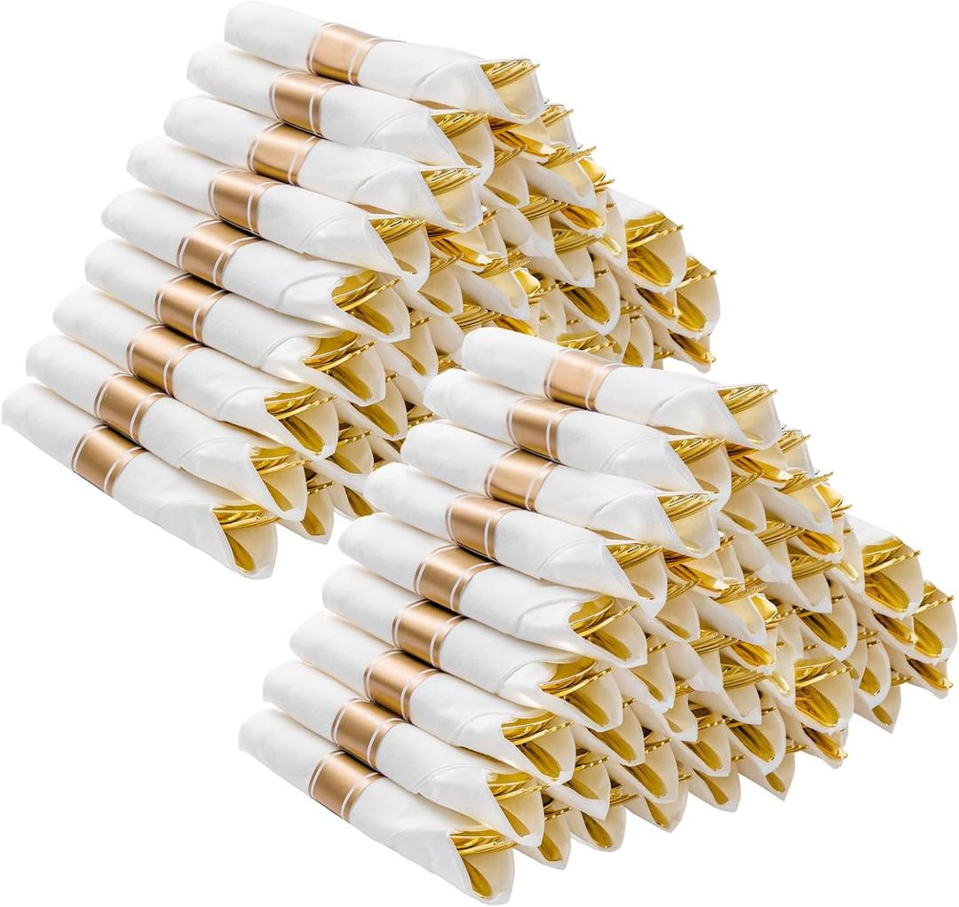 100 Pack Pre Rolled Gold Plastic Silverware Set, Disposable Wrapped Cutlery Set with 100 Napkins, 100 Knives, 100 Forks and 100 Spoons for Party, Birthday