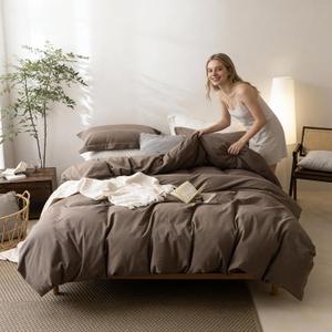 Linen Feel Light Chocolate Brown Duvet Cover Oversized King Size 120'' W x 98'' L, Percale 100% Washed Cotton Duvet Cover with Zipper Closure Plus 2 Pillowcases, Oeko TEX Standard Certificated