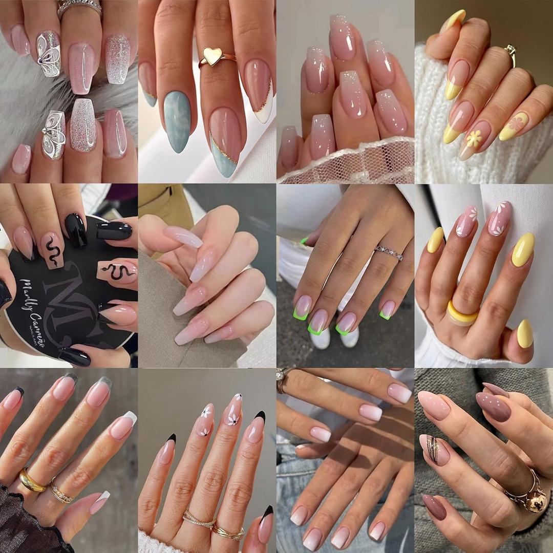 12 Packs Press on Nails - OPkssnails 288 Pcs Fake Nails Almond Square Press on Nails with Glue on Nails Glue Sticky Tabs Glossy False Nails for Girls