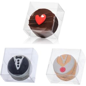 RomanticBaking 100pcs 2.17"  2.17"  1.38" Inch Chocolate Covered Mini Cookies Boxes Strawberry Macaron Boxes Clear Bakery Boxes for Gumballs, Pretzel,Browine,Malt Balls,Wedding Favors Party Boxes