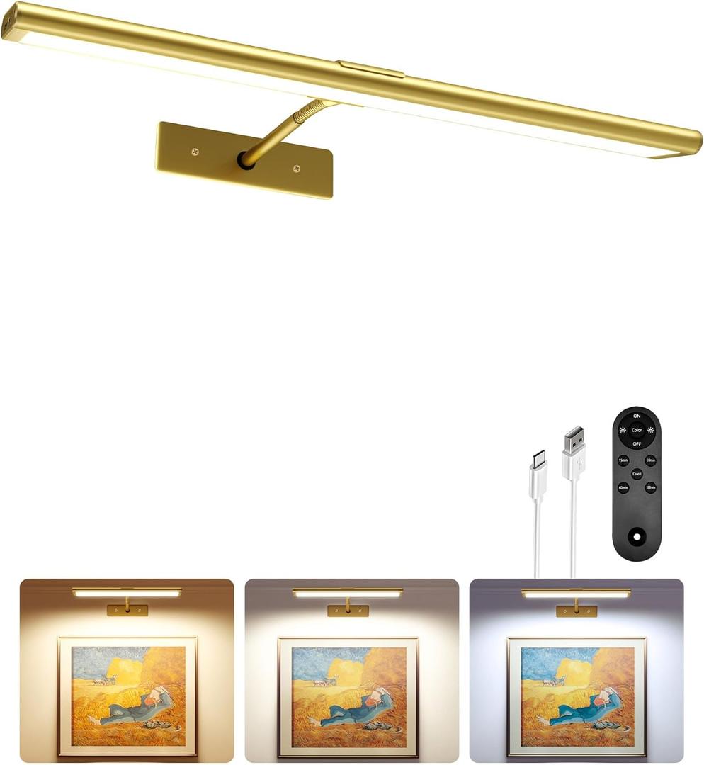 EZVALO Picture Light for Wall, 4800mAh Rechargeable Wireless IR Remote Ccontro Lights, 16'' Dimmable Magnetic LED Art Painting Light with 3 Color Temps, Display for Gallery, Living Room, Bedroom(Gold)