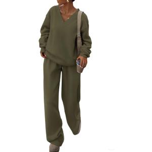 PRETTYGARDEN Casual Winter Two Piece Sets for Women 2026 V Neck Sweatshirt Loose Wide Leg Pants Tracksuit Knit Fall Outfits (XX-Large, Army Green)