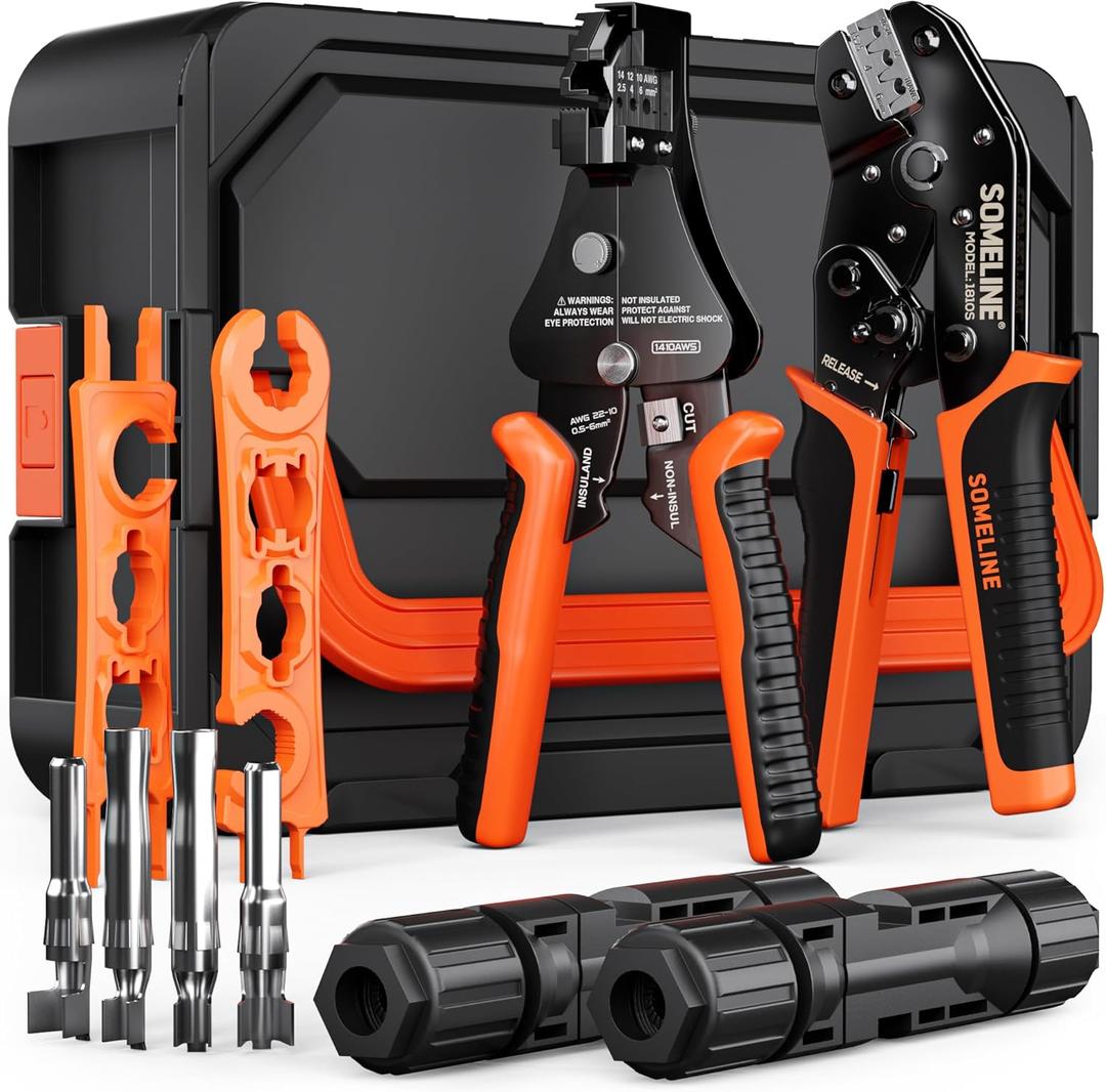 SOMELINE Solar Connector Crimping Tool Kit, 14 12 10 AWG Ratchet Wire Crimper, 15 Pairs Solar Panel Connectors, Wrenches and Automatic Solar Wire Stripper, for Solar Panel Cable Assembly