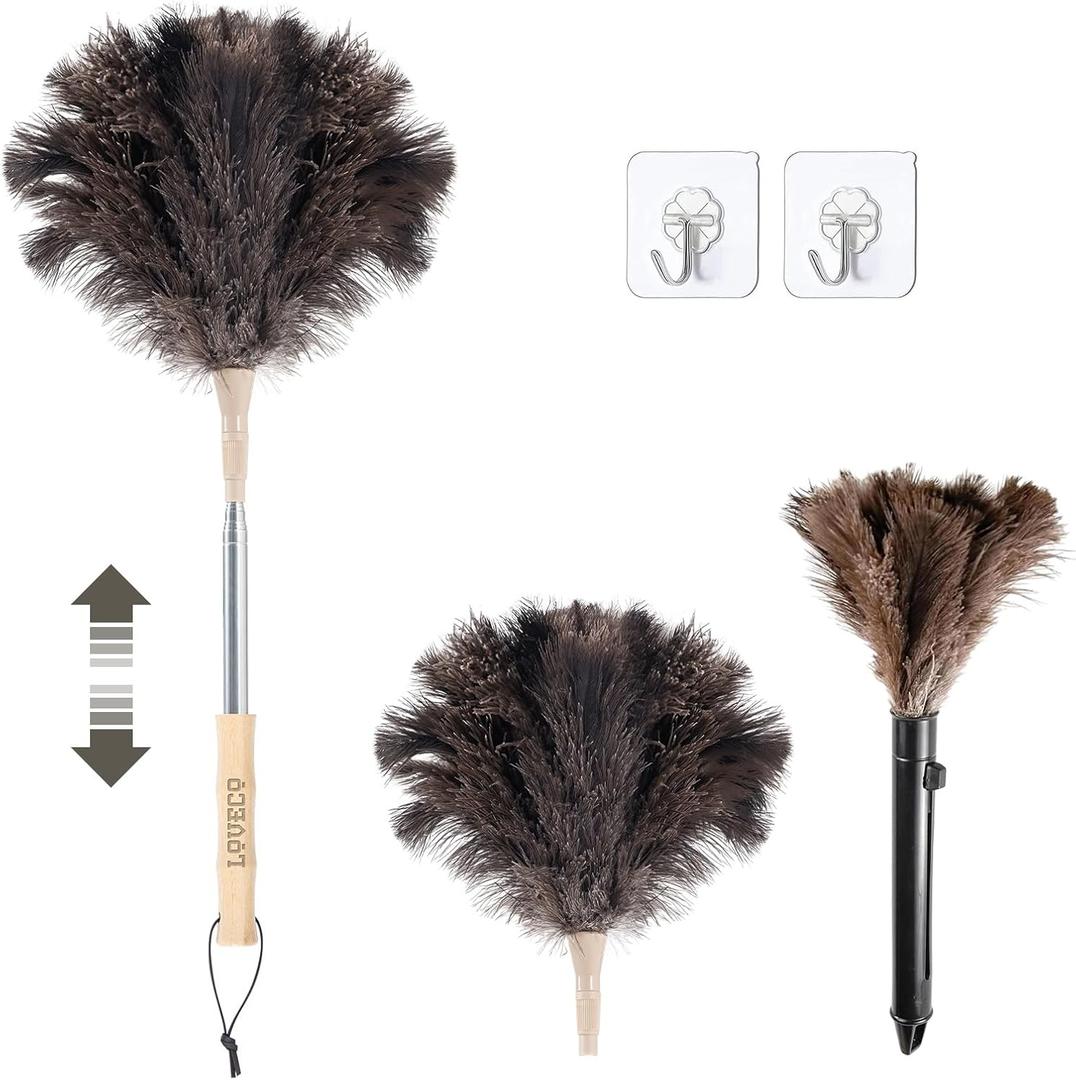 Ostrich Feather Dusters for Cleaning Kit - Reusable Soft Feather Duster Extendable to 49 inches for Cleaning Ceiling Fan, High Ceiling, Blinds & Retractable Small Duster for Keyboard, Car (Brown)