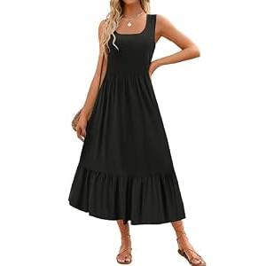 ZESICA Women's 2025 Summer Sleeveless Dress Square Neck Pleated Tiered Swing Maxi Dresses with Pockets, Black, Large