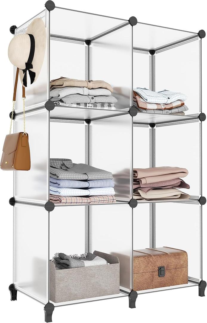 HOMIDEC 6-Cube Storage Organizer, Closet Organizer Storage Shelf Bookcase Bookshelf with Metal Hammer, Storage Cubes Organizer Cabinet for Kids, Closet, Bedroom, Bathroom, (11.8x11.8x11.8 inch) (Transparent)