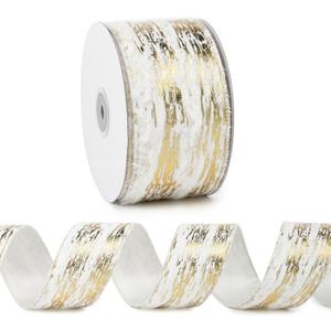 White and Gold Ribbon Wired 2.5 Inch X 10 Yards White Faux Fur Wired Ribbon for Christmas Tree,Topper Bows, Garlands and Wreaths, Gift Wrapping, DIY Crafts, Home Decor (Birch Bark,White)