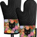 Slohif Long Silicone Oven Mitts Heat Resistant for Women - 2 Pcs Black Cat 100% Cotton Oven Gloves, Non-Slip and Waterproof Silicone Oven Mitts with Hanger for Baking and Cooking