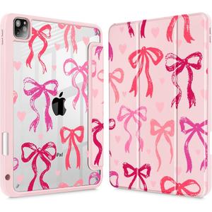 May Chen Case for iPad 12.9 Inch (6th/5th/4th/3rd Generation, 2022/2021/2020/2018), Pencel Holder + Trifold Support Auto Sleep/Wake, Transparent Shockproof Back Cover, Bow Ribbon