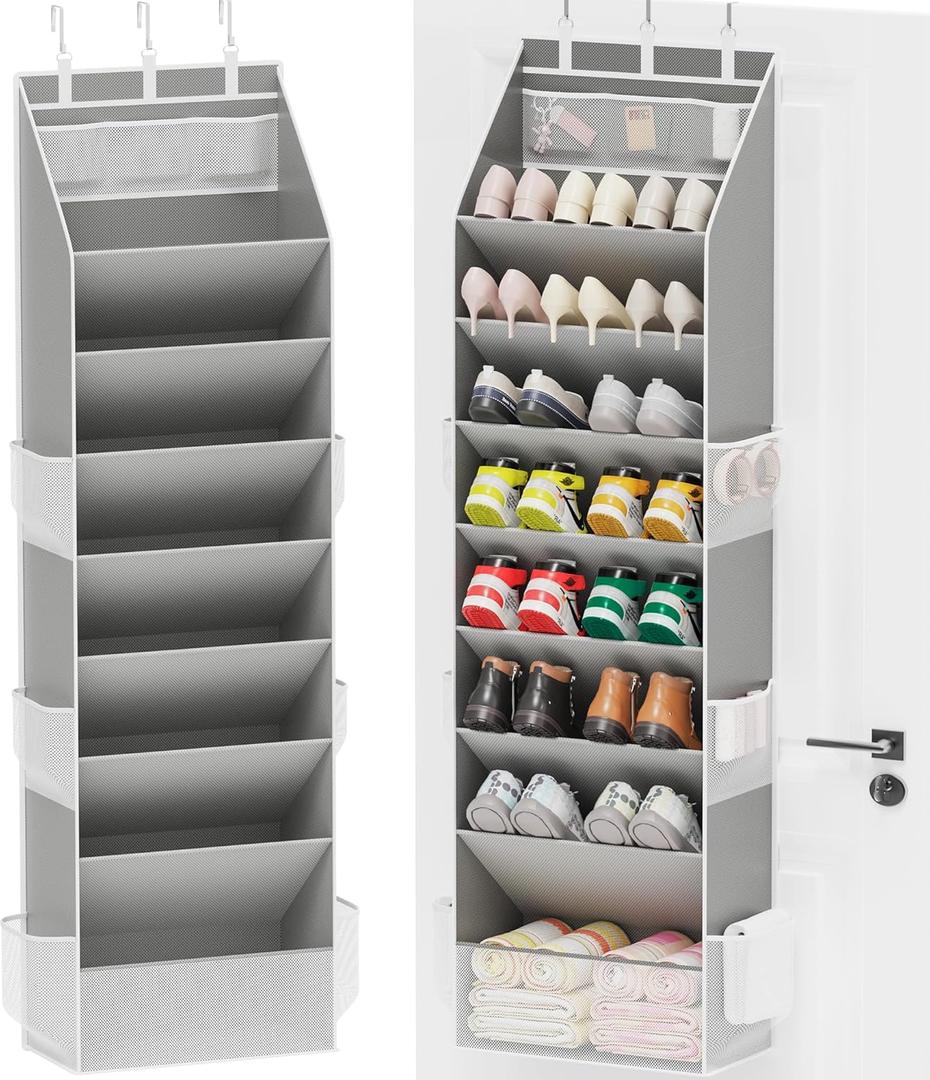 Criusia Shoe Organizer, Over the Door Shoe Organizer, Hanging Closet Shoe Storage with Large Deep Pockets, Fits 16–24 Pairs of Sneakers, Sandals, Boots, Gray