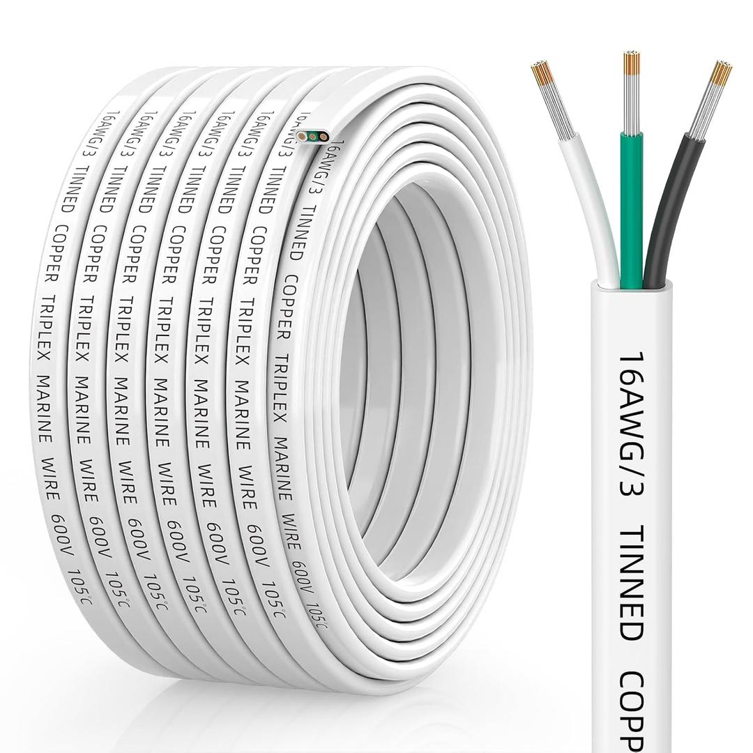 CONEPY 16 Gauge Marine Wire, 16/3 Triplex Marine Grade Cable, IP68 Waterproof/Oxygen-Free Tinned Copper Stranded PVC 16 AWG Wire for Boat, Automotive, RV, Solar, LED Strips (30FT)
