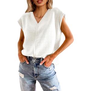 Saodimallsu Women's V Neck Cap Sleeve Lightweight Knit Sweater Top (White, S)