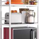 DOLALIKE Microwave Oven Rack, Expandable Microwave Stand Countertop Kitchen Utensils Tableware Storage, Carbon Steel Over Microwave Shelf Countertop 3 Tier with 3 Hooks (White)