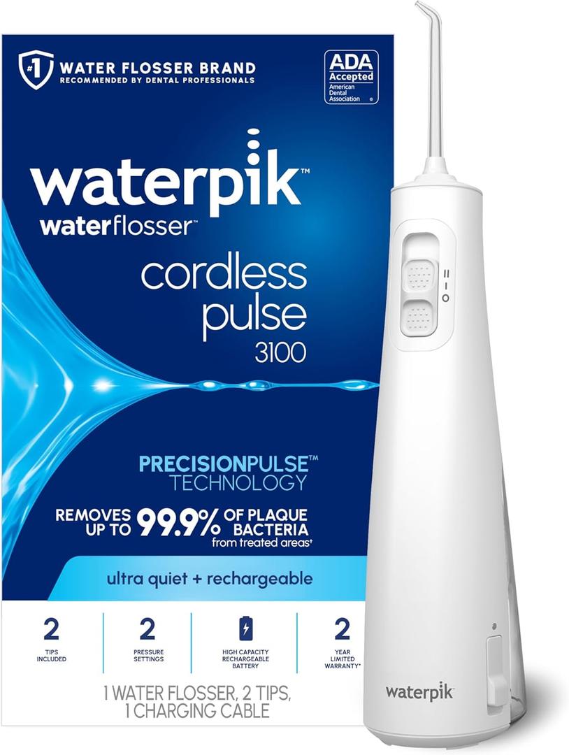 Waterpik Cordless Pulse Rechargeable Portable Water Flosser for Teeth, Gums, Braces Care and Travel with 2 Flossing Tips, Waterproof for Shower, ADA Accepted, WF-20 White, Packaging 