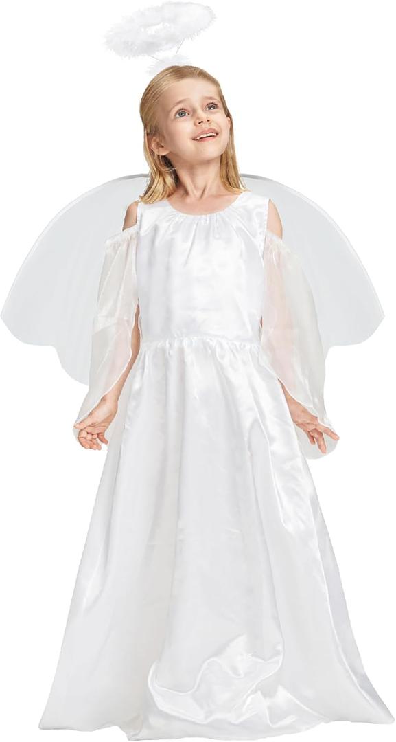 IKALI Kids Girls White Angel Costume with Wings Halo Heavenly Angel Fancy Dress Outfit for Christmas 4-12 Years (7-8Y)