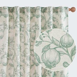 jinchan Linen Curtains Floral Curtain for Living Room 96 Inch Long Green French Rod Pocket Light Filtering Toile Print Farmhouse Bedroom Curtains Window Drapes Set 2 Panels