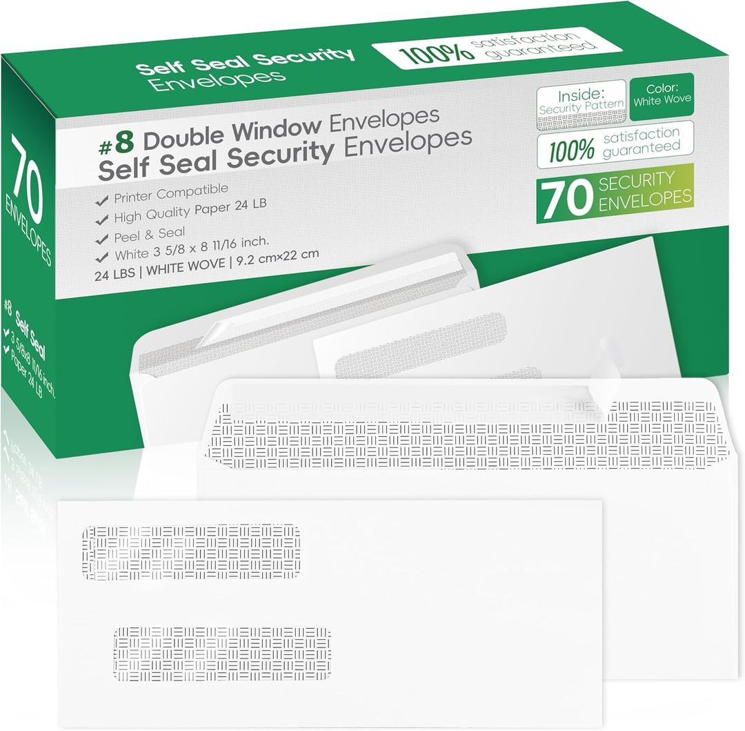 #8 Double Window Security Check Envelopes,Double Window Self Seal Security Envelopes,No.8 Double Window Bussiness Envelopes,70 Pack,Size 3 5/8 x 8 11/16 Inches,Designed for Checks(NOT for INVOICES)