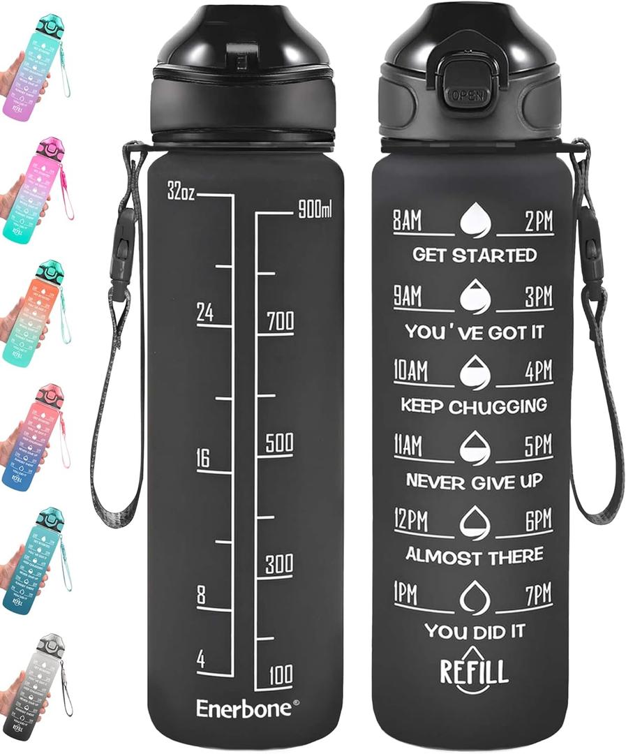 Enerbone 32 oz Drinking Water Bottle with Times to Drink and Straw, Motivational with Carrying Strap, Leakproof BPA & Toxic Free, Ensure You Drink Enough Water for Fitness Gym Outdoor (Black Matte)