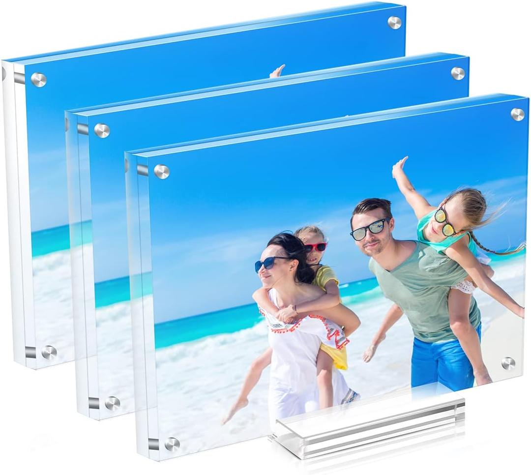 JUOIFIP 3 Pack Acrylic Picture Frame 5×7 Clear Double Sided Magnetic Photo Frame - Frameless Baby Friend Family Picture Desktop Display with Support Stand and Gift Boxes