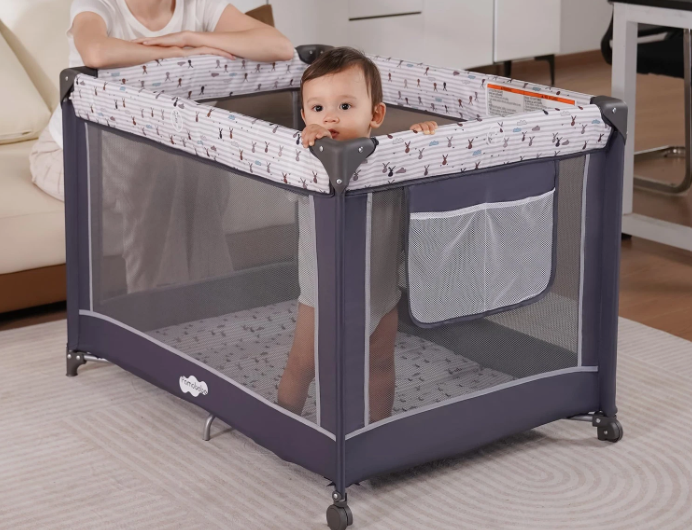 Pamo Babe Pack and Play with Bassinet, Portable, Grey
