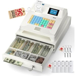 PYY Cash Register for Small Businesses - Commercial Electronic Caja Registradora para Negocio with White Locked Cash Drawer Box, 8 Digital Dual Display, 48 Keys, System for Restaurant Supermarket, Medium