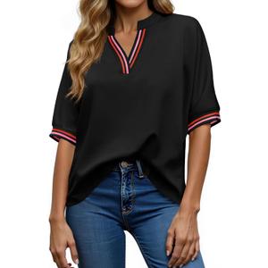 Tankaneo Womens Oversized T Shirt Casual V Neck Half Sleeve Color Block Work Tops Loose Fit Tunic Tees (Black, XXL)