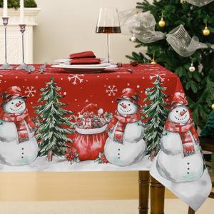 Christmas Rectangle Tablecloth - Printed Xmas Tree & Snowman Pattern, Washable &Stain Resistant Decorative Holiday Table Covers for Kitchen, Party, Dining Table Decor