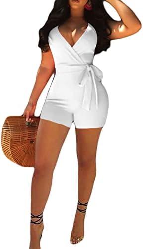 MESLIMA Women's Summer Sleeveless Short Romper Sexy Strap V Neck Wrap Front Tie Casual One Piece Jumpsuit, Size Large