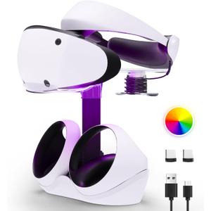 Charging Station for PSVR 2, Multifunction PSVR2 Stand with 7 RGB Light, Headset Display Stand, Dual Controllers Charger Dock, Magnetic Connector, Type-C Cable