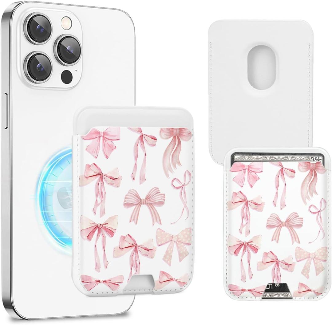 Compatible with Magsafe Wallet Magnetic Card Holder -Pink Ribbon Bow Cute Phone Wallets for Women Girls Pattern for iPhone 17/16/15/14/13/12 Series,Card Holder Wallet Fit 3 Cards