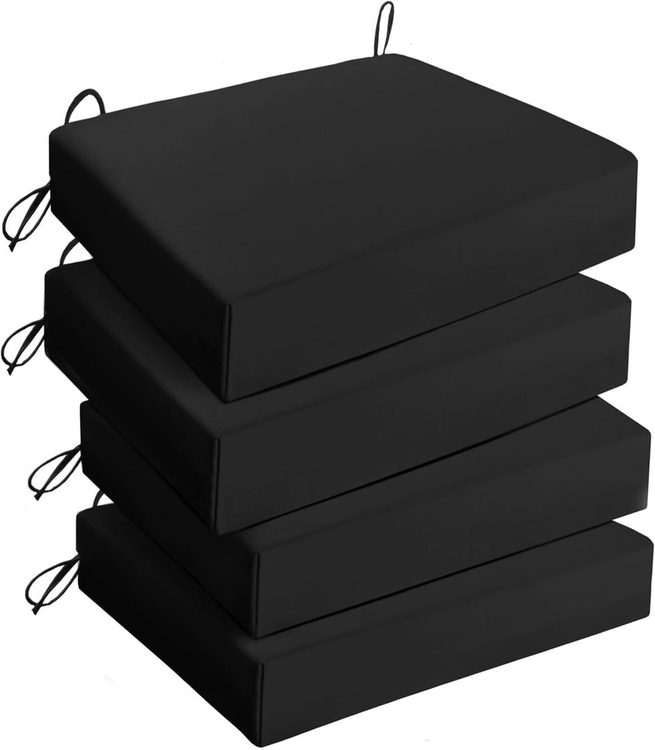UNIKOME Outdoor Chair Cushions Pack of 4, Water Resistant Patio Cushions with Ties, High Density Sponge Filling Square Corner Seat Cushions for Outdoor Furniture, 18.5"x16"x3", Black