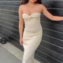 WFHFNJW Women Sexy Twist Knot Front Ribbed Knit Bodycon Bandeau Tube Dress Casual Solid Strapless Maxi Long Dress (M)