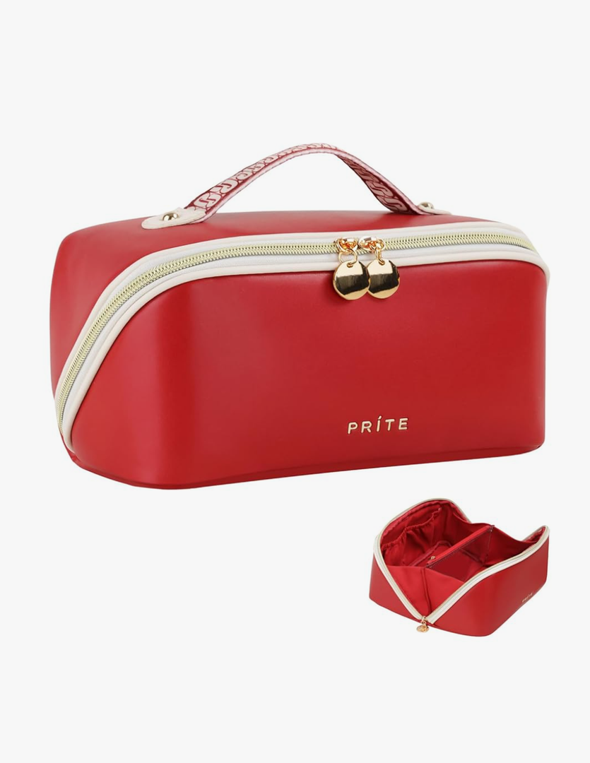 Prite Makeup Bag for Women Travel Waterproof Vegan Leather Cosmetic Bag Open Flat Toiletry Bag With Clear Divider and Handle (Red)
