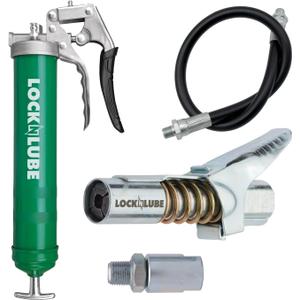 LockNLube Heavy-Duty Pistol Grip Grease Gun. Includes our patented LockNLube Grease Coupler (Locks On, Stays On, Won't Leak!) plus a high-quality 20" hose and in-line hose swivel (Green)