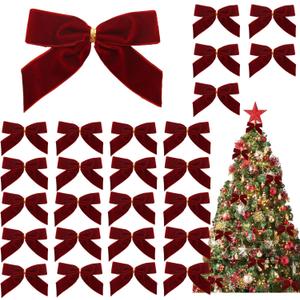26 Pcs Burgundy Small Velvet Bows Decorations Vintage Christmas Ornaments for Christmas Tree Gift Wrapping Wreath Table Fireplace Garland and Xmas Party (Burgundy Red)