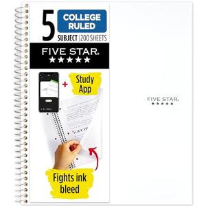 Amazon.com : Five Star Spiral Notebook + Study App, 5 Subject, College Ruled Paper, 8-1/2" x 11", 200 Sheets, Fights Ink Bleed, Water Resistant Cover, White (72460) : Office Products