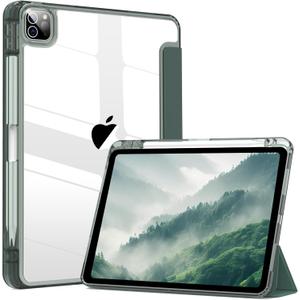 Kenke iPad Pro 11 Inch Case 4th/3rd/2nd Generation 2022/2021/2020 Support 2nd Pencil Charge with Right Side Pencil Holder, Transparent Acrylic Hard PC Back Cover & Colored Edge Side (Dark Green)
