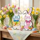 2 x YQUQWN 2 Pcs Easter Bunny Decorations for Table Easter Table Decor Wooden Rabbit Table Signs with Relief Bowtie and Flower for Spring Home Tiered Tray Decor Office Table Decorations