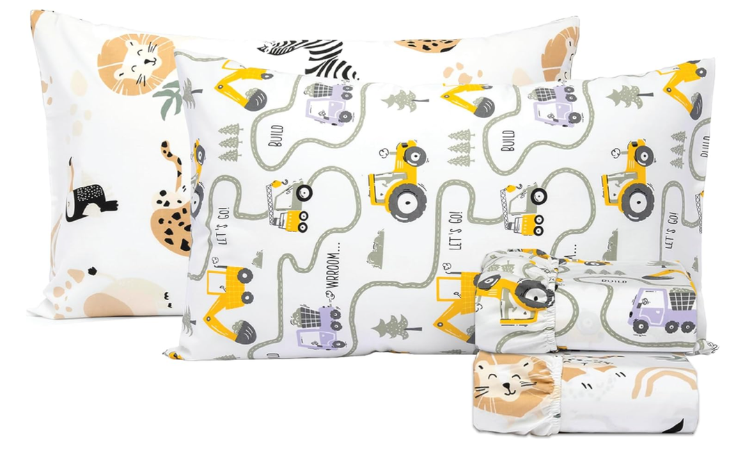 Salt Earth 100% Cotton 210TC Kids Bedsheet, Twin Sheet Set, Toddler Bed, 4-Piece Set – 2 Fitted Sheets & 2 Pillowcases, Themed Toddler Bed Sheets, Cute Kids Bedding (Jungle Safari/Tractor)
