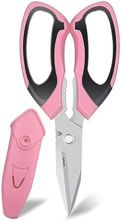FTECYBO Heavy Duty 8'' Multipurpose Scissors with Protective Cover, Stainless Steel Serrated Blades, Easy Cutting Cardboard, Leather, Fabric, Wires (PINK)