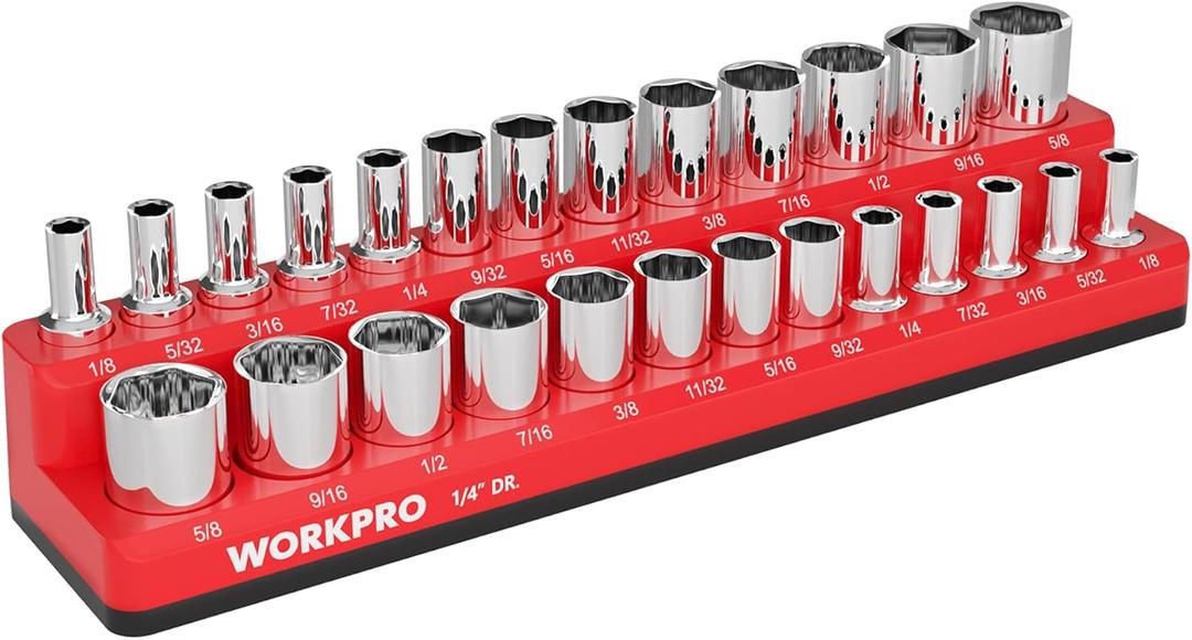WORKPRO Magnetic Socket Organizer, 1/4-Inch SAE Socket Holder, Socket Trays Holds 26 Pieces Standard Size and Deep Size Sockets(Sockets not Included)