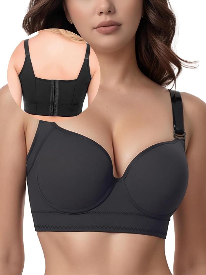 JishinGal Womens Push Up Bra Full Coverage Seamless Underwire Hide Back Fat, Wide Straps, Smooth Uplift T-Shirt Bra, 48C, Black)