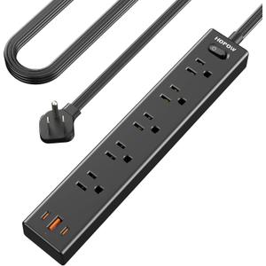 5Ft Extension Cord with Multiple Outlets, HOPOW Flat Plug Power Strip Surge Protector, 5 Outlets & 3 USB Ports (2 USB C), 1700 Joules, Wall Mount, Charging Station for Home Office Dorm, Black
