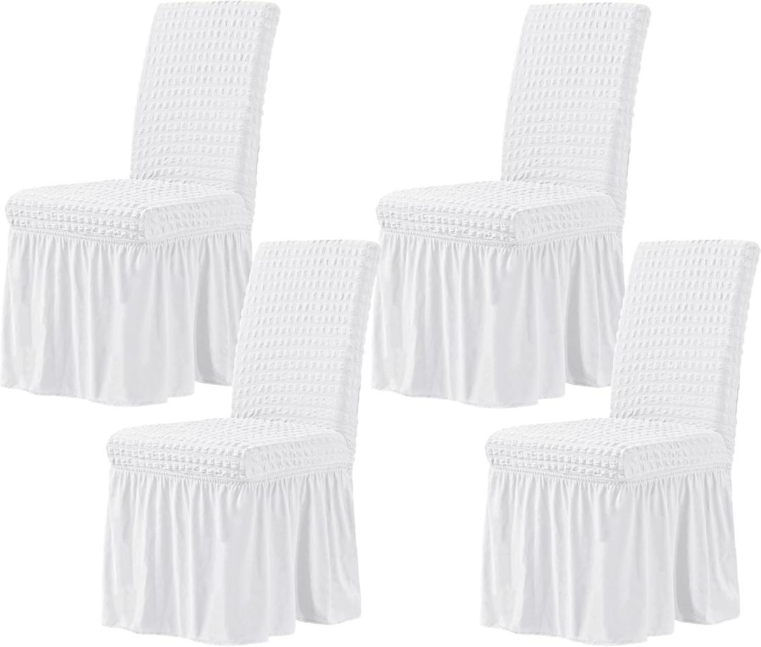 CHUN YI White Chair Covers for Dining Room Set of 4, Universal Stretch Dining Room Chair Covers with Skirt, Removable Parsons Chair Slipcover for Kitchen Wedding Party Banquet (4Pcs)