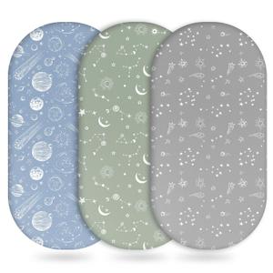 Unnivoll Baby Bassinet Sheets Girl Boy, Fitted Bassinet Sheet Set 3 Pack Bassinet Mattress Sheets Universal Fit for Rectangle, Round, Oval, Hourglass Mattress, Soft Breathable Green Gray Constellation