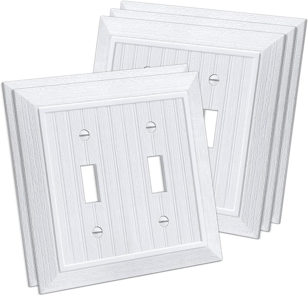 (5 Pack) CML Classic Toggle Light Switch Wall Plate, 2-Gang Beadboard Outlet Covers, Vintage Retro Wood Grain Design, Standard Size 4.95X 4.87, Impact Resistant, White