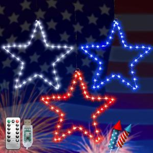 4th of July Window Lights, 3 Packs 50 LED Red White and Blue Iron Frame Star Patriotic Lights, 8 Modes Window Silhouette Light Hanging Decorations for Independence Day, Memorial Day, Labor Day